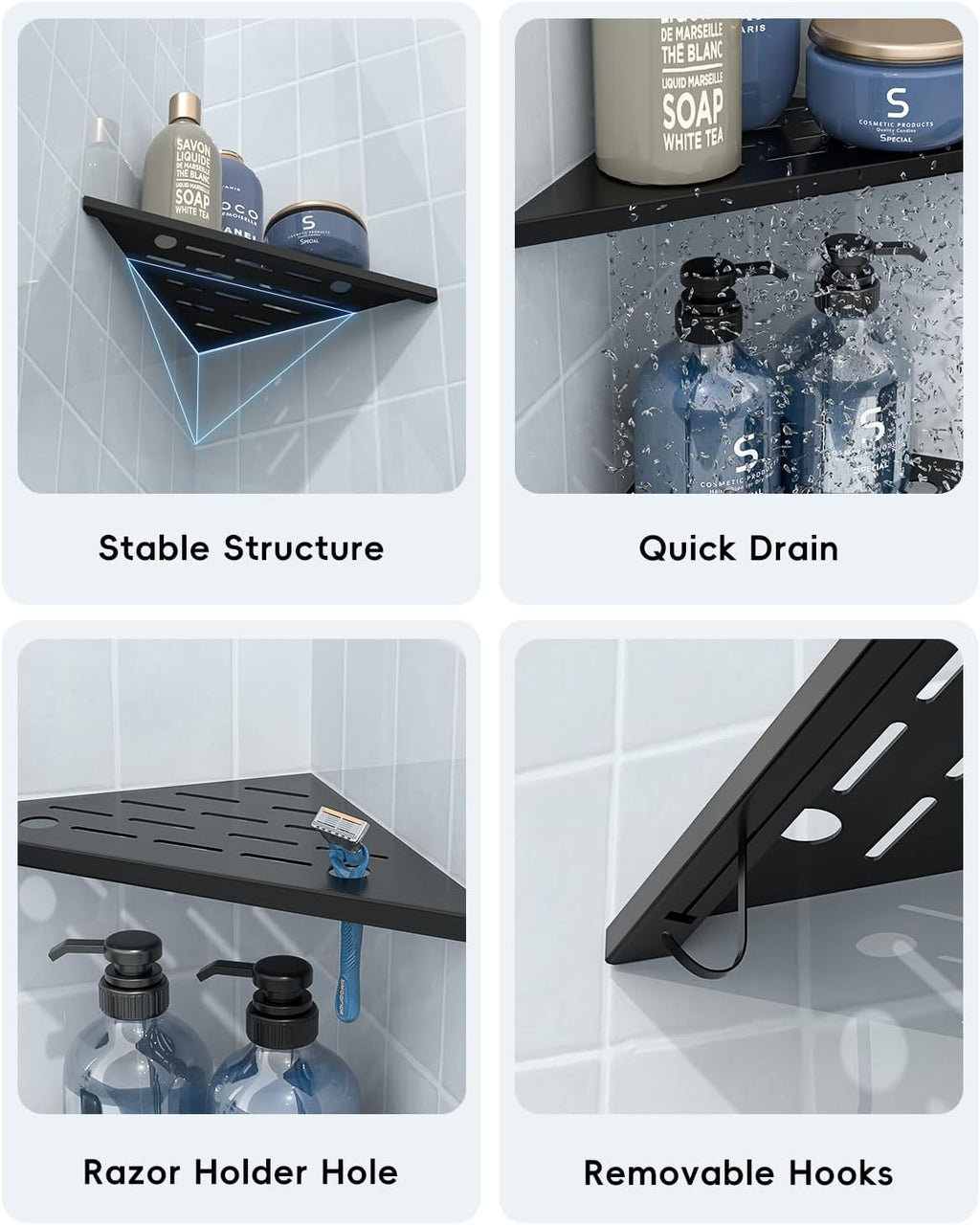 DAYONE Matte Black Corner Shower Shelf 2 Pack 10", Bathroom Corner Shower Organizer Shelf for Tiled Wall, SUS304 Stainless Steel Slot Design Recessed Organizer Shelves with 2 Hooks and 4 Holes