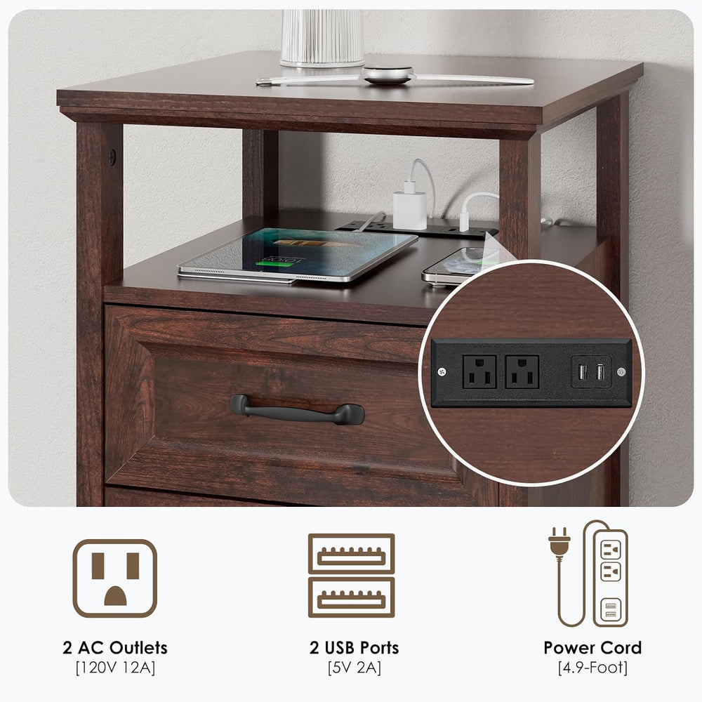 HOMMPA 18'' W Farmhouse Nightstand with Charging Station, Bedside Tab...