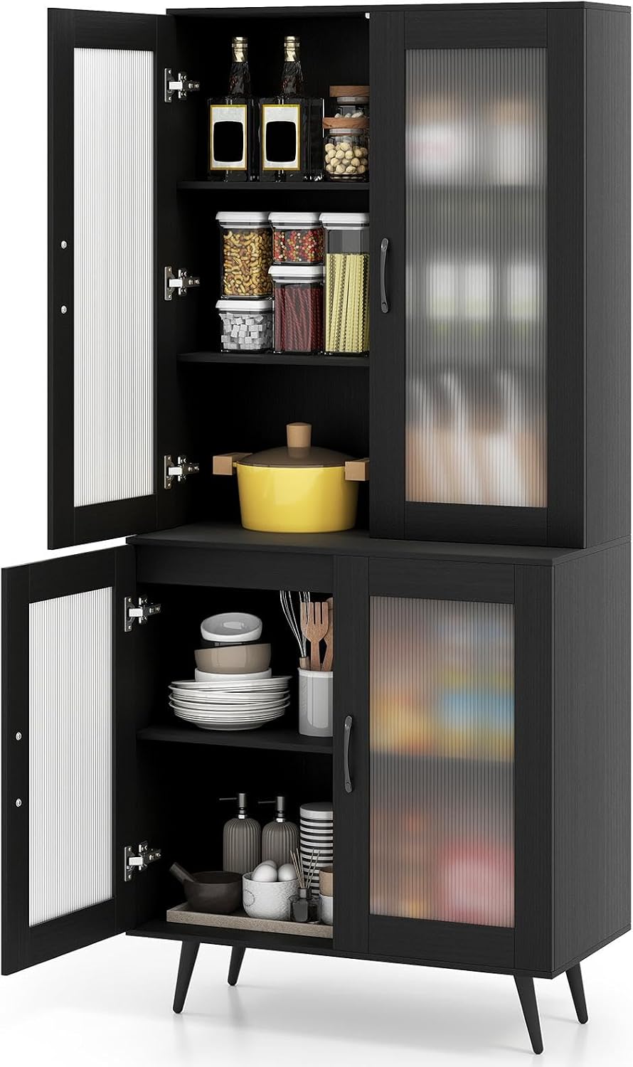 70.5”H Pantry Cabinet, 5-Tier Food Pantry with 4 Transparent Doors & Adju...