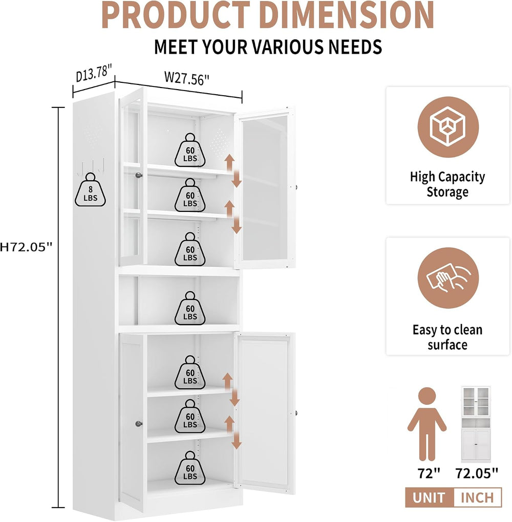 Havemies Modern White Metal Pantry Cabinet - 72" Freestanding Multifunct...
