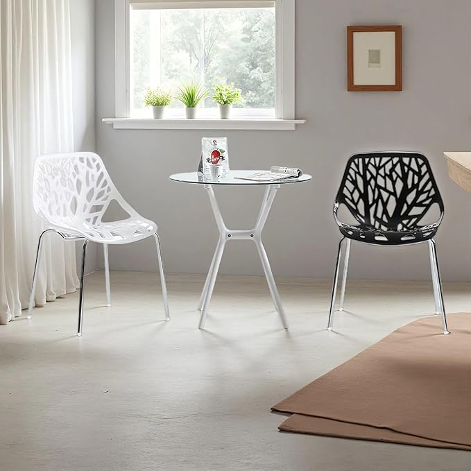 Karl home Mid Century Modern Dining Chairs Set of 4, Stackable Plastic Chair, Bird's Nest Trunk Pattern Suitable for Kitchen, Dining, Bedroom, Living Room,350lbs Capacity(White)