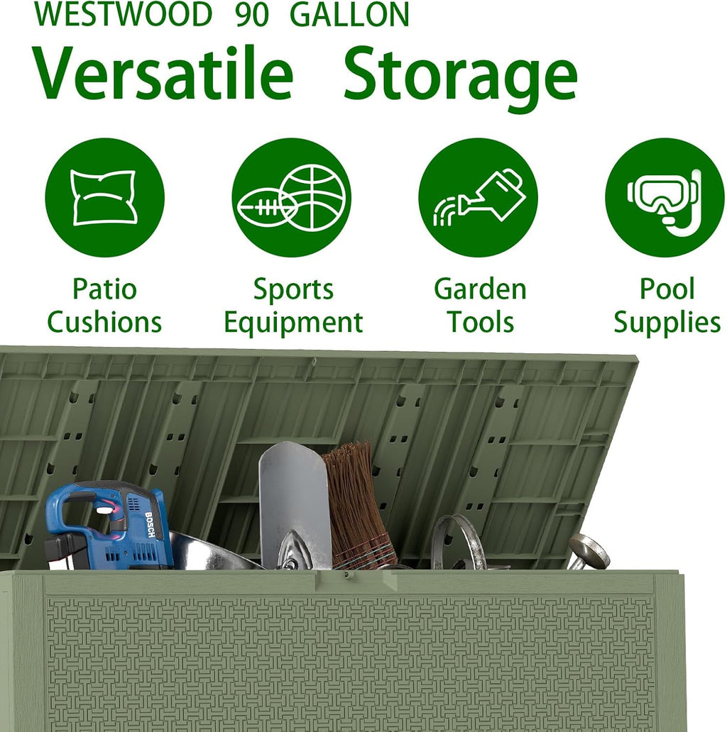 ZYJOYY Outdoor Storage Box, 90 Gallon Deck Box, Waterproof Resin Storage Bin for Patio Cushions, Gardening Tools, Lockable, UV Resistant,Olive Green