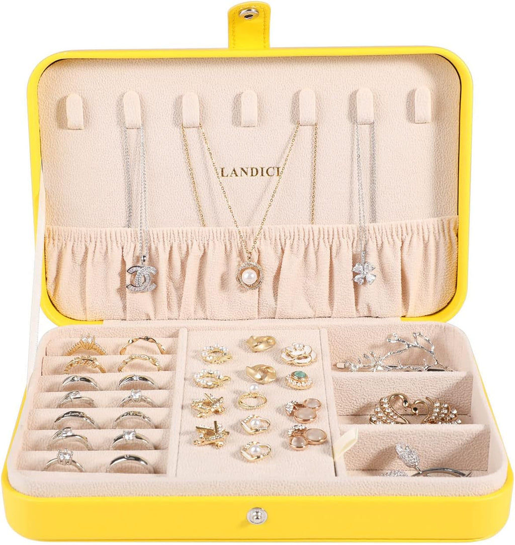 LANDICI Small Jewelry Box for Women Girls, PU Leather Travel Jewelry Organizer Case, Portable Jewellery Storage Holder Display for Ring Earrings Necklace Bracelet Bangle Watch Men Kids Gift, Yellow