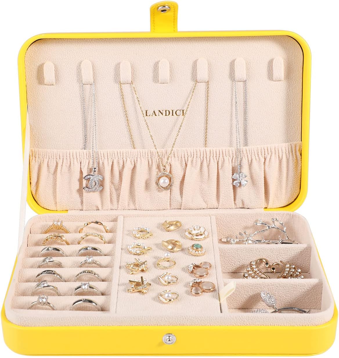 LANDICI Small Jewelry Box for Women Girls, PU Leather Travel Jewelry Organizer Case, Portable Jewellery Storage Holder Display for Ring Earrings Necklace Bracelet Bangle Watch Men Kids Gift, Yellow