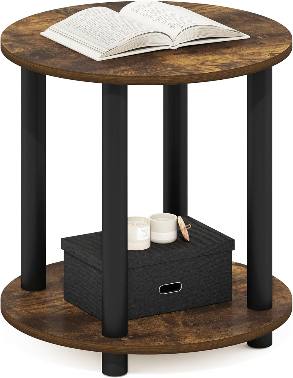 Furinno Turn-N-Tube Toolless Assembly Side Table, 2-Tier Rustic Brown Round E...