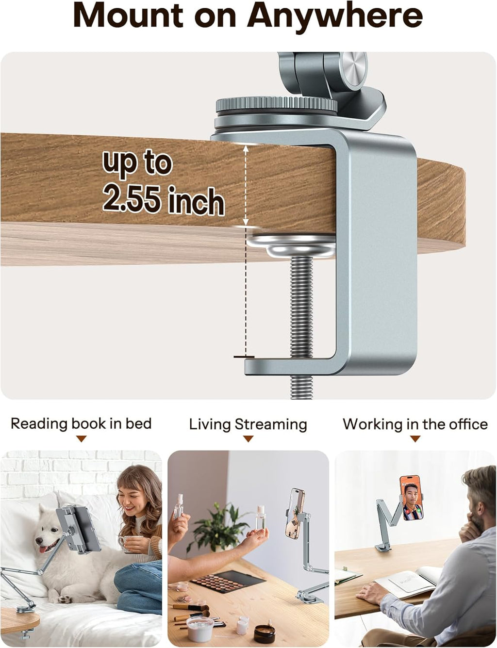 OMOTON Adjustable Tablet Stand for iPad, Desk Phone Holder for Bed with 2 Clamps, Flexible Aluminum Alloy Mount with 360° Rotation for 4-13" Devices