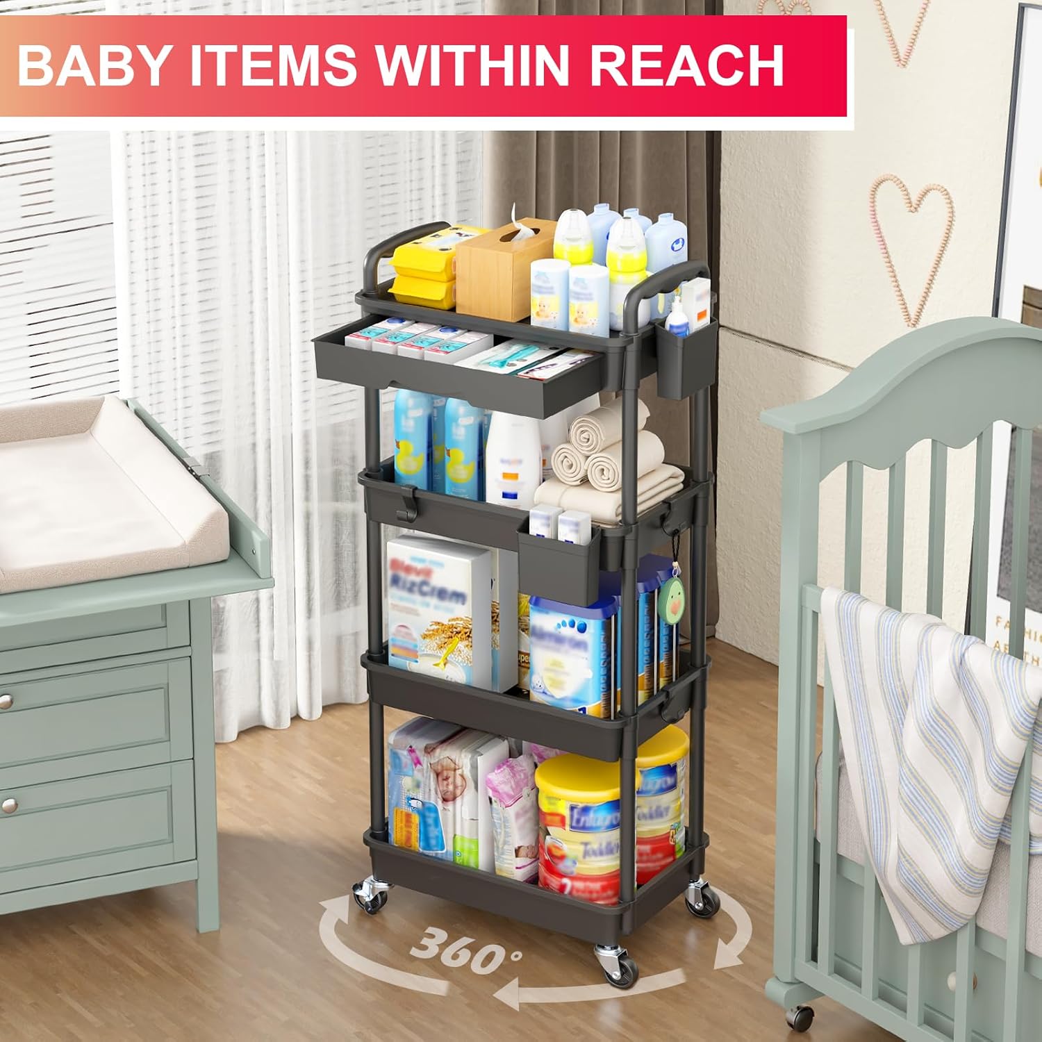 Goovilla 4 Tier Rolling Utility Cart Organizer with Removable Drawer, Stable and Sturdy Black Rolling Storage Carts with 2 Lockable Wheels for Bathroom, Kitchen, Snack, Craft, Makeup, Baby Essentials