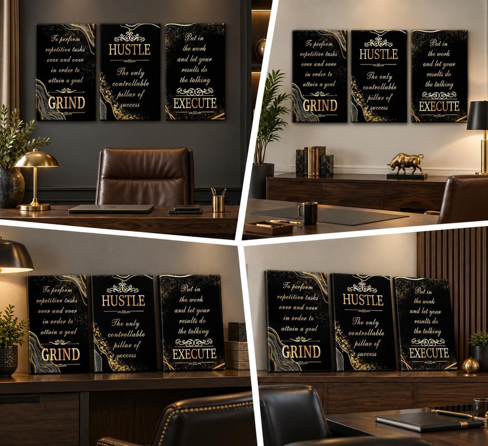 3 Pcs Black Gold Inspirational Office Canvas Wall Art 12x16in