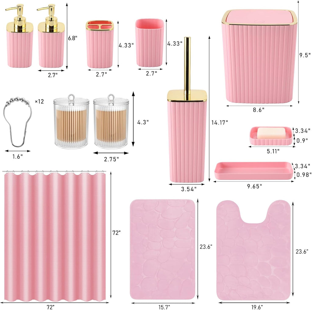 Pink Bathroom Set with Shower Curtain and Rugs- 25PC Bathroom Accessory Set, Pink Shower Curtain Set, Toilet Brush, Trash Can, Qtip Holder Dispenser & Soap Dispenser