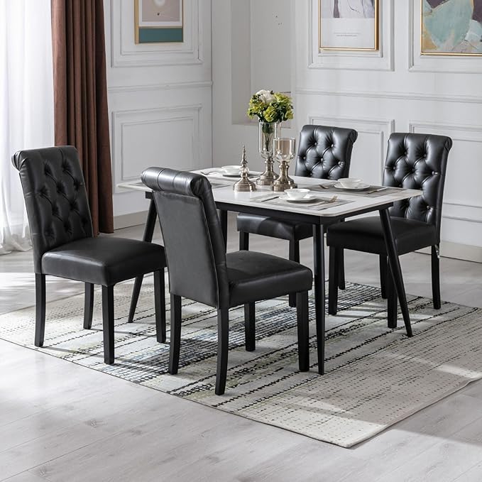 Button Tufted Dining Chairs Set of 2, Upholstered PU Leather Dining Room Chairs Farmhouse Parsons Kitchen Chairs with Wood Legs for Bedroom/Living Room/Resturant, Padded Seat, Black