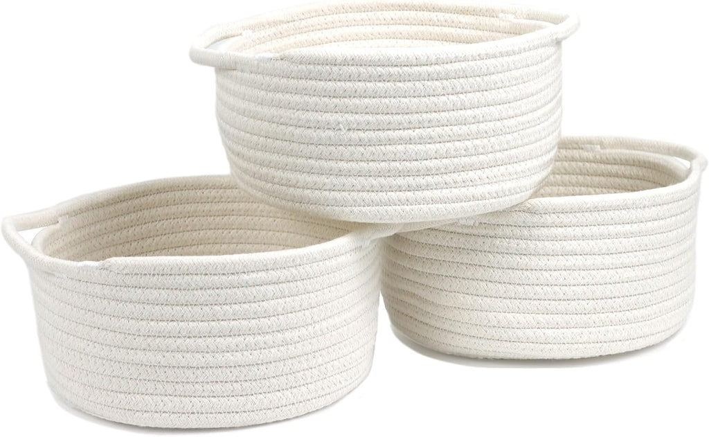 Small Woven Cotton Rope Baskets with Handles, Set of 3, White | Small Gift Baskets, Decorative Storage Baskets, Round Boho Design, Nursery and Bathroom Organizer, Multi-Room Storage
