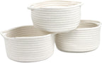 Small Woven Cotton Rope Baskets with Handles, Set of 3, White | Small Gift Baskets, Decorative Storage Baskets, Round Boho Design, Nursery and Bathroom Organizer, Multi-Room Storage