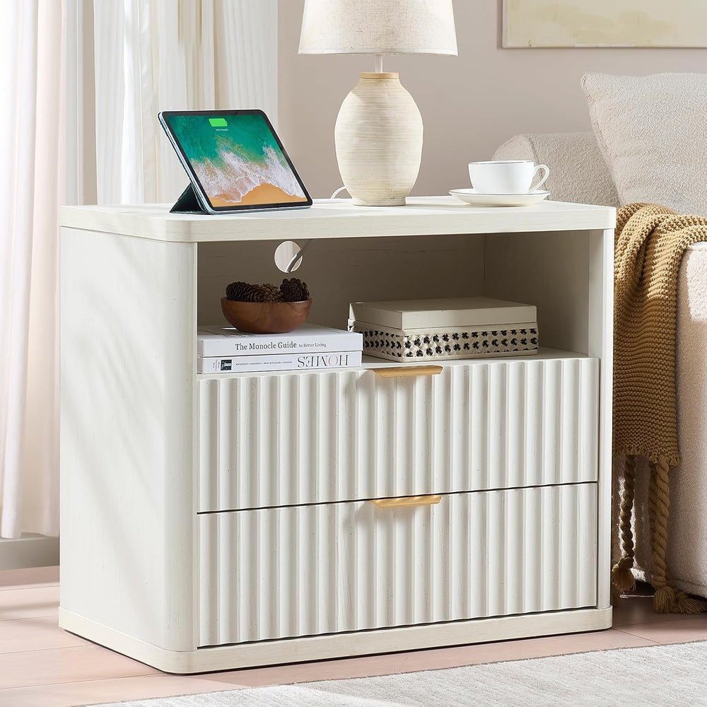 LEYAOYAO 31" Wide Fluted Nightstand Set of 2 with Charging Station, Over...