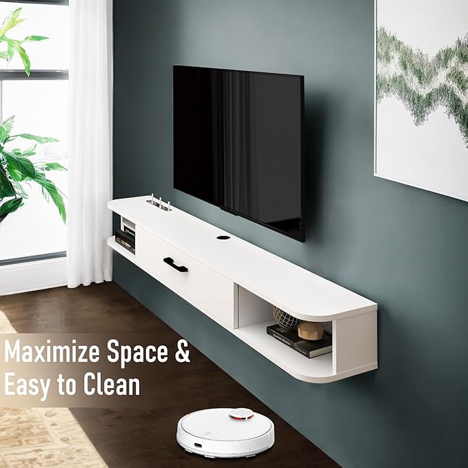 Floating TV Unit, 55'' Wall Mounted TV Cabinet, Floating Shelves with Door, Modern Entertainment Media Console Center Large Storage TV Bench for Living Room & Office (55.12IN, White)