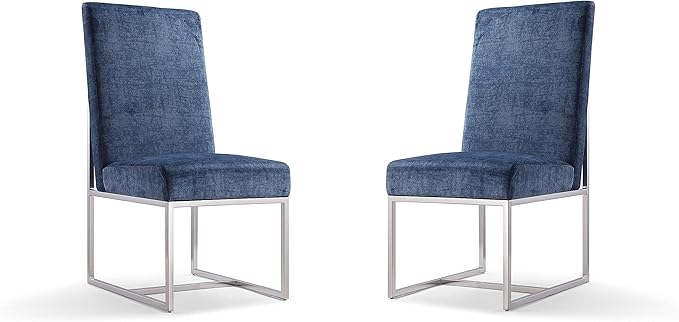 Manhattan Comfort Element Modern Velvet Dining Chairs, High Density Foam, Chrome Finish Stainless Steel Frame, High-Back, Fully Assembled Industrial Chic Accent Furniture, Set of 2, Blue