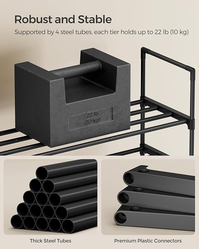SONGMICS Shoe Rack, 4-Tier Shoe Organizer, Metal Storage Shelf, Upright or Upside Down, for 20-25 Pairs, Stackable, for Entryway, 11.8 x 36.2 x 29.5 Inches, Black ULSA14BK