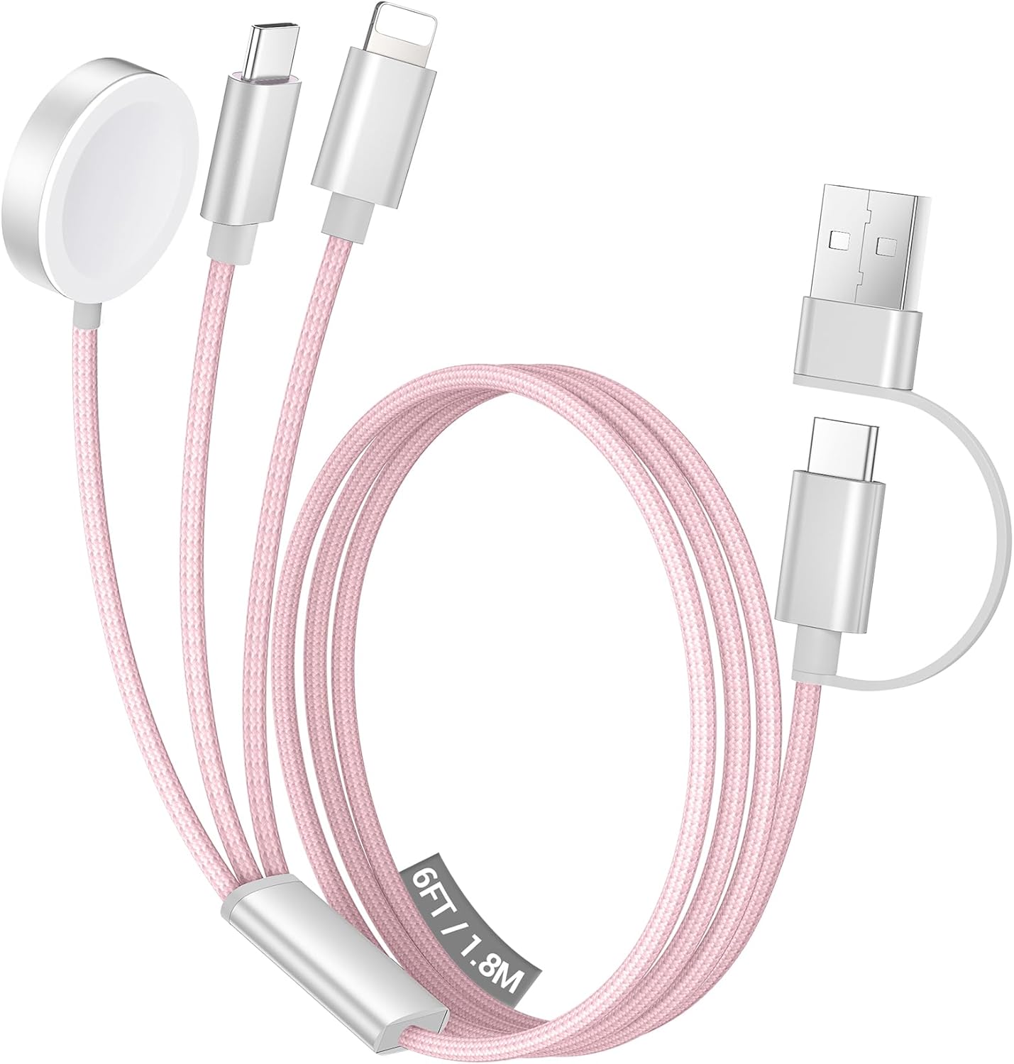 Temdan for Travel Vacation Essentials,3 in 2 USB C Cable for Apple Watch Charger/iPhone 17 Charger/Lightning,Multi Charging Cable Cord,Camping Essentials,Designed for iWatch &iPhone 16-12-6FT Pink