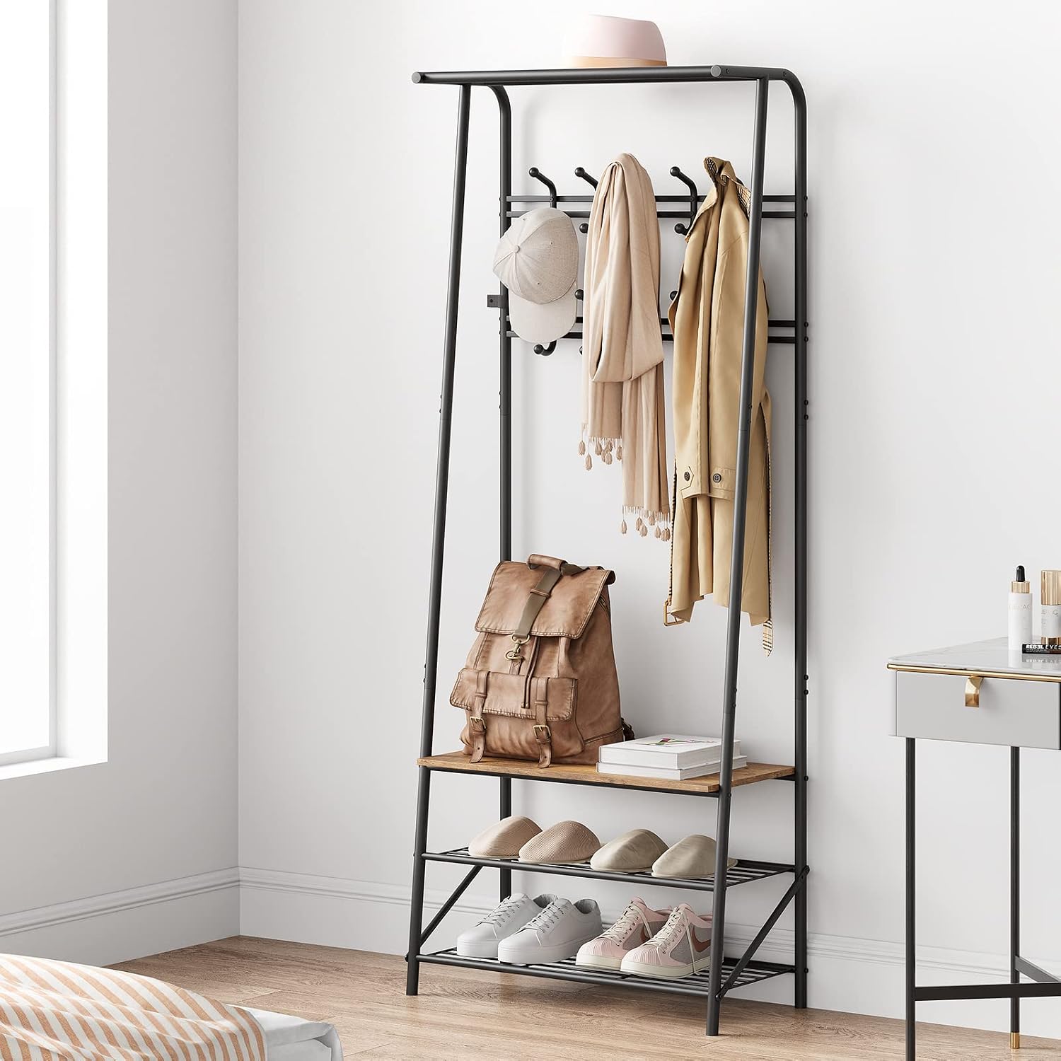 Amyove Coat Rack Shoe Bench with 10 Hooks, Hall Trees Entryway Bench with Storage, Multifunctional Hallway Organizer, Wood Look Accent Furniture with Metal Frame