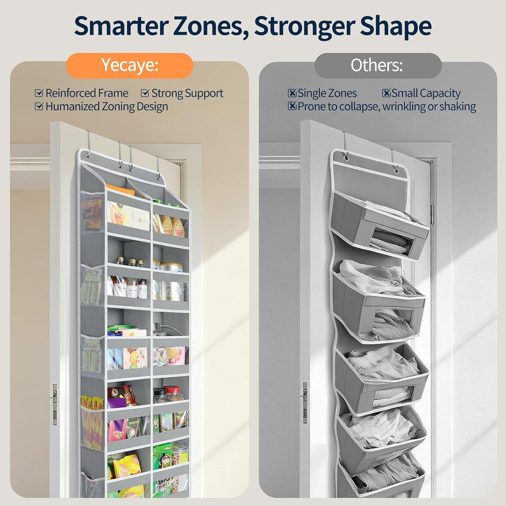 Yecaye 5-Tier Over The Door Organizer Dual-Column, 80lbs Load Over the Door Storage of 10 Compartments, Heavy Duty Door Organizer Hanging for Bedroom Closet Nursery Bathroom Pantry, Gray, 2 Pack