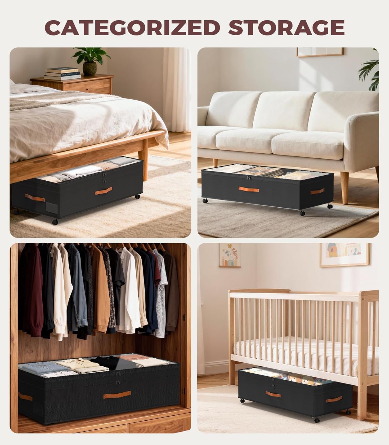 Under Bed Storage with Wheels, 35.5 inches Underbed Storage Large Capacity Under Bed Rolling Containers, 2 Pack Under the Bed Storage for Clothes, Shoes, Blankets (Deep Black)