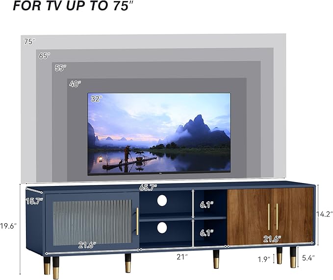 66” TV Stand with Glass Sliding Door, Mid Century Modern TV Cabinet for TVs up to 75 inch, Entertainment Center with Storage Cabinet, Television Console for Living Room, Bedroom, Blue