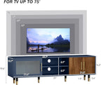 66” TV Stand with Glass Sliding Door, Mid Century Modern TV Cabinet for TVs up to 75 inch, Entertainment Center with Storage Cabinet, Television Console for Living Room, Bedroom, Blue
