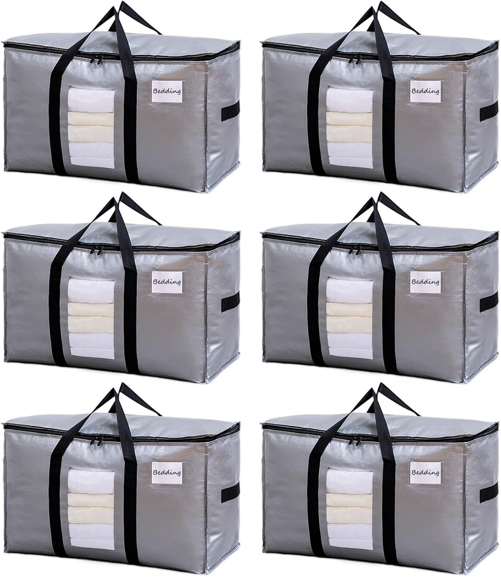 TAILI Extra Large Moving Bags, 6 Pack Silver Heavy Duty Totes for Storage with Visible Window, Wrap Around Handles, Storage Bags for Space Saving, Alternative to Moving Boxes