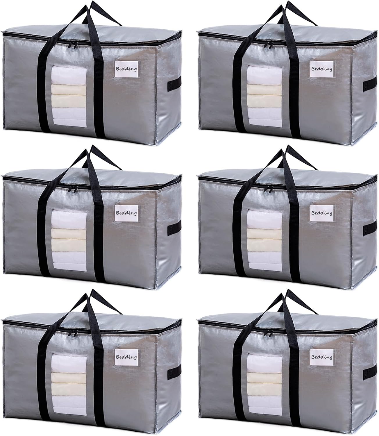 TAILI Extra Large Moving Bags, 6 Pack Silver Heavy Duty Totes for Storage with Visible Window, Wrap Around Handles, Storage Bags for Space Saving, Alternative to Moving Boxes