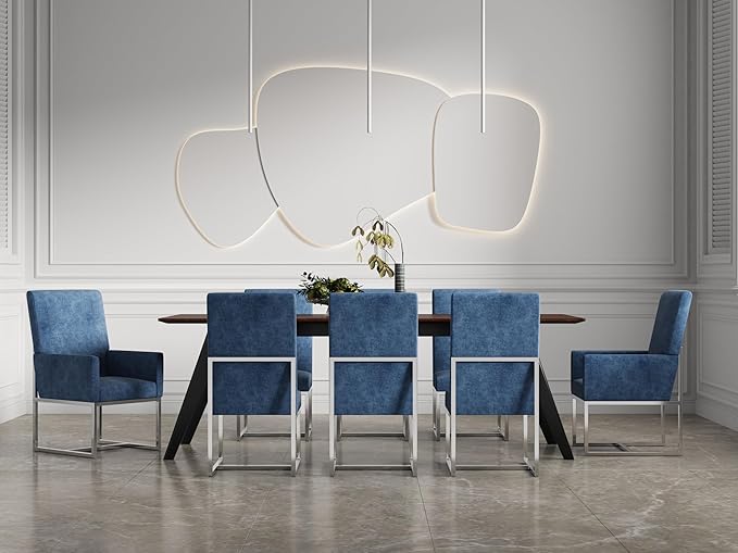 Manhattan Comfort Element Modern Velvet Dining Chairs, High Density Foam, Chrome Finish Stainless Steel Frame, High-Back, Fully Assembled Industrial Chic Accent Furniture, Set of 1, Blue