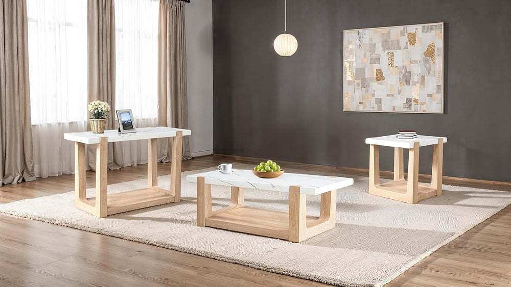 Modern Contemporary 3 Piece Table Set, Faux Marble Top Coffee Table End Table...