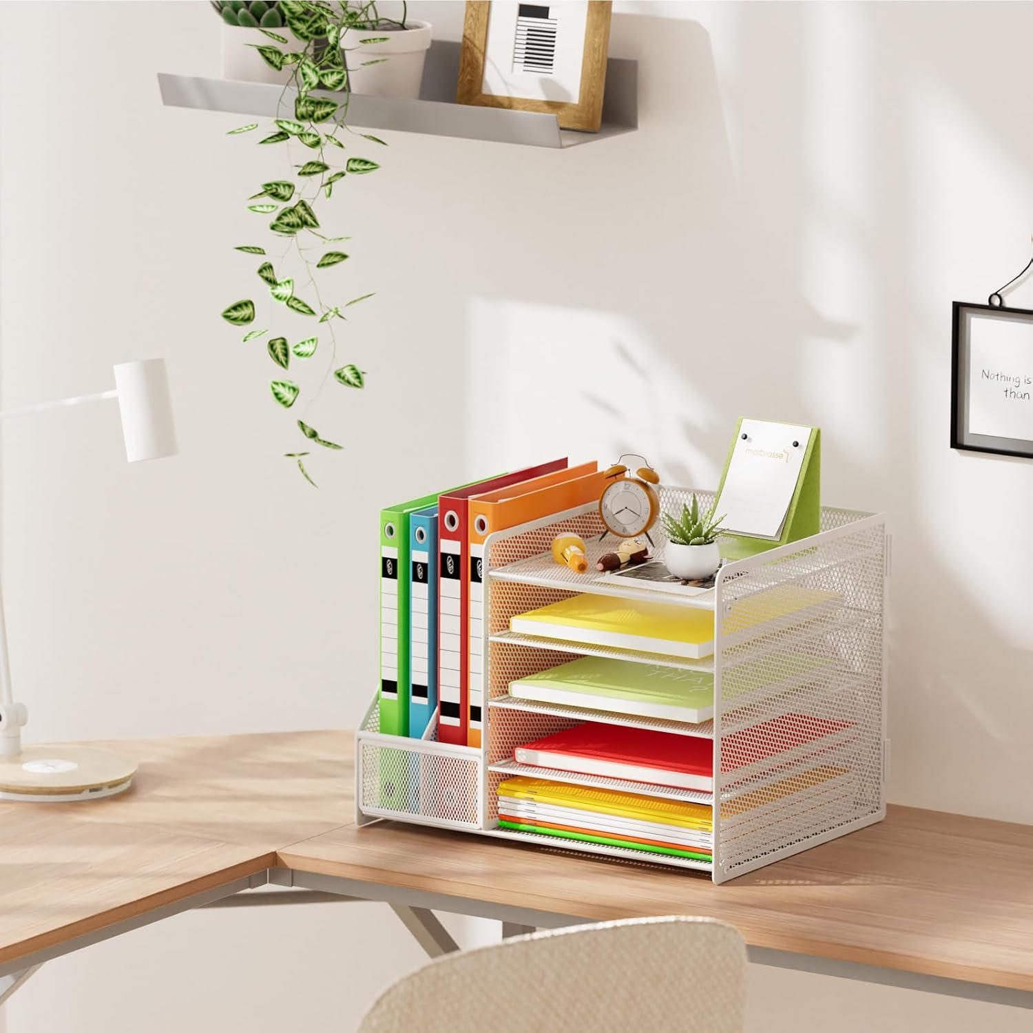 Marbrasse Desk Organizer with File Holder, 5-Tier Paper Letter Tray, Mesh Desk Organizers and Accessories with Magazine Holder, Desktop Organizer and Storage for Office Supplies (White)
