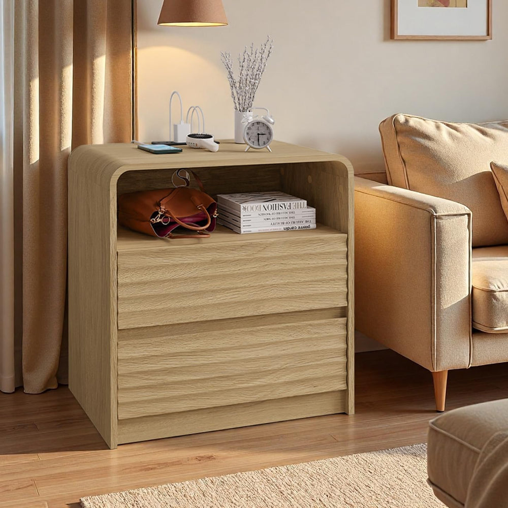 Fluted Nightstand with Charging Station, 23.6'' Wide Morden End Table...