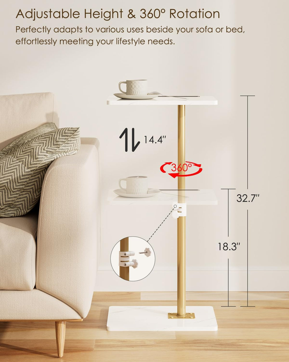 Masupu Sofa Arm Tray Table - 360° Swivel Height Adjustable End Table, Small S...