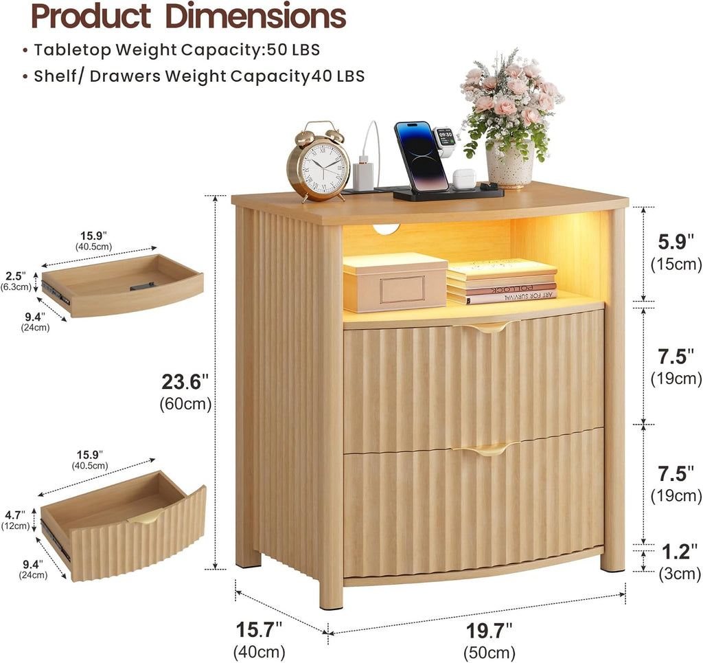 Dystler Fluted Night Stand with Gun Drawer & Card-Lock, 19.7" W Curved Nightstand with Charging Station and LED Lights, 2 Drawers Smart Bedside Table for Bedroom (1, Oak)
