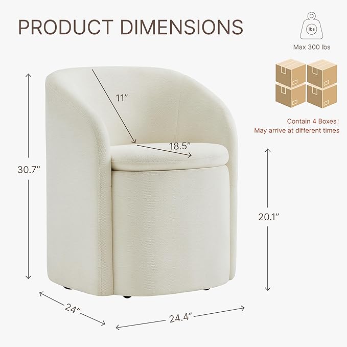 Upholstered Dining Chairs with Casters, No Assembly Rolling Modern Dining Room Chairs with Hidden Storage & Barrel Backrest, Accent Chair for Bedroom, Living Room, Dressing, Linen, Set of 4