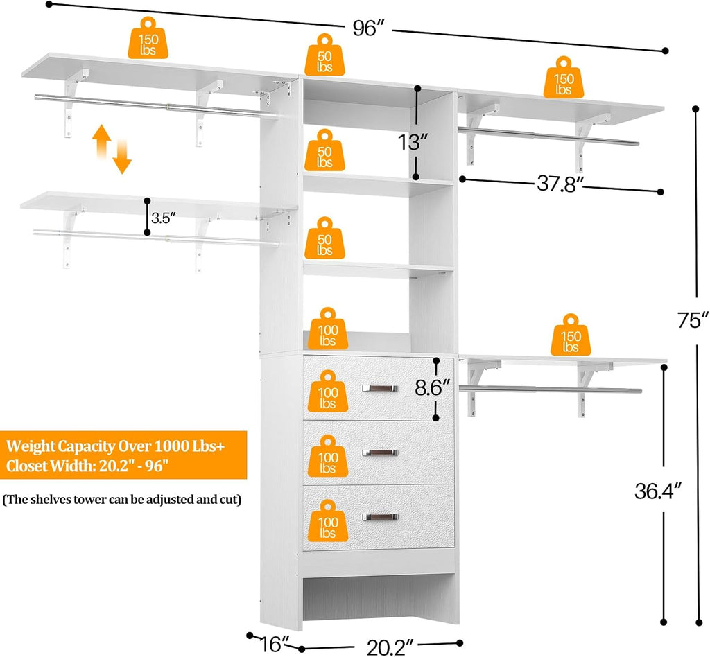 Besiost Closet System with Drawer - 8FT Wood Closet Organizer System with 3 Hanging Rods and Shelving Tower, 96" Walk In Closet Organizer Wardrobe, Heavy Duty Garment Rack Clothes Rack, White