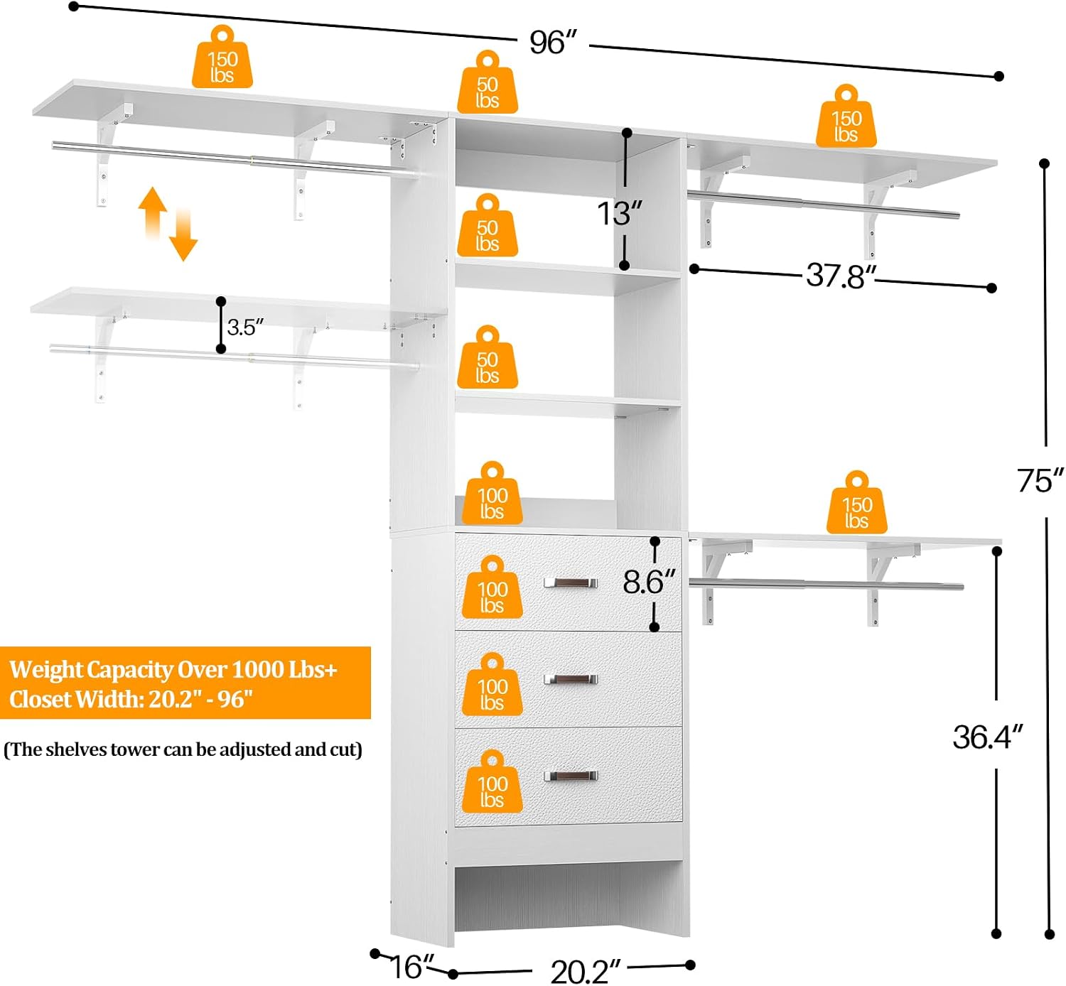 Besiost Closet System with Drawer - 8FT Wood Closet Organizer System with 3 Hanging Rods and Shelving Tower, 96" Walk In Closet Organizer Wardrobe, Heavy Duty Garment Rack Clothes Rack, White
