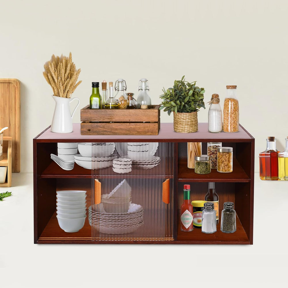 Small Kitchen Pantry Sideboard with 2 Sliding Tempered Glass Doors, Wall Moun...