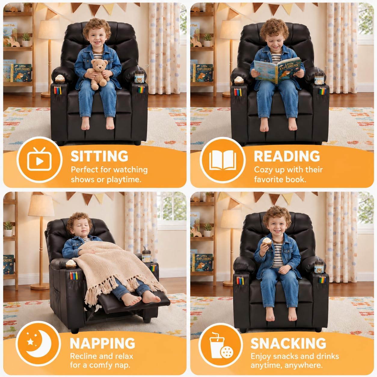 Donut Larger Kids Reclining Chair PU Leather Recliner Sofa Push Back Lounge Children Toddler Boys Girls Ages 3-12 with Dual Cup Holders and 4 Pockets