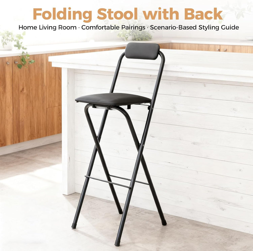Folding Stool, Cushioned Padded Folding Stool Portable Bar Stool with Back fo...