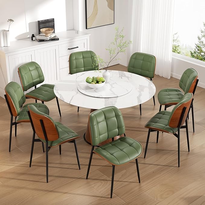 Dining Chairs Set of 8, Mid Century Modern Dining Room Chair, Upholstered Faux Leather Kitchen Chairs with Thick Cushion and Walnut Bentwood Back for Kitchen Dining Room, Green