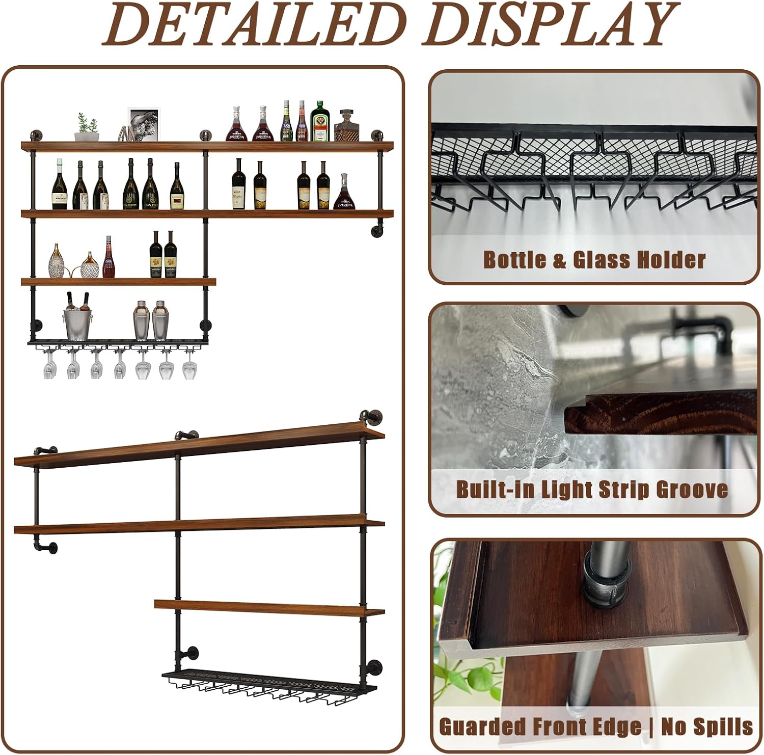 Solid Wood Wall Mounted Wine Rack, Large Wine Rack with LED Light, 4 Tiers Liquor Bottles Floating Shelves with Glass Holder, Industrial Bar Shelves for Home Bar Dining Room (102.4 IN/ 260CM)