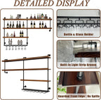Solid Wood Wall Mounted Wine Rack, Large Wine Rack with LED Light, 4 Tiers Liquor Bottles Floating Shelves with Glass Holder, Industrial Bar Shelves for Home Bar Dining Room (141.8 IN/ 360CM)