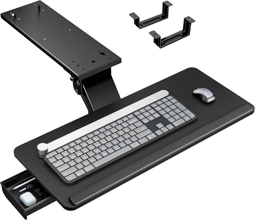 Keyboard Tray Under Desk with Storage Drawer, Height Adjustable Keyboard Tray Slide Out Swivel Tilt, Ergonomic Under Desk Mount Keyboard & Mouse Holder for Gaming Home Office, 25x11'', Black