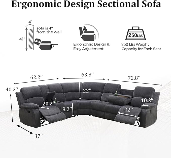 Manual Recliner Sectional Sofa Set, Corduroy L-Shaped Living Room Furniture Sets, Reclining Corner Couch with Drop-Down Table/Storage Console/Cup Holders for Home Office (Dark Grey, Sectional)