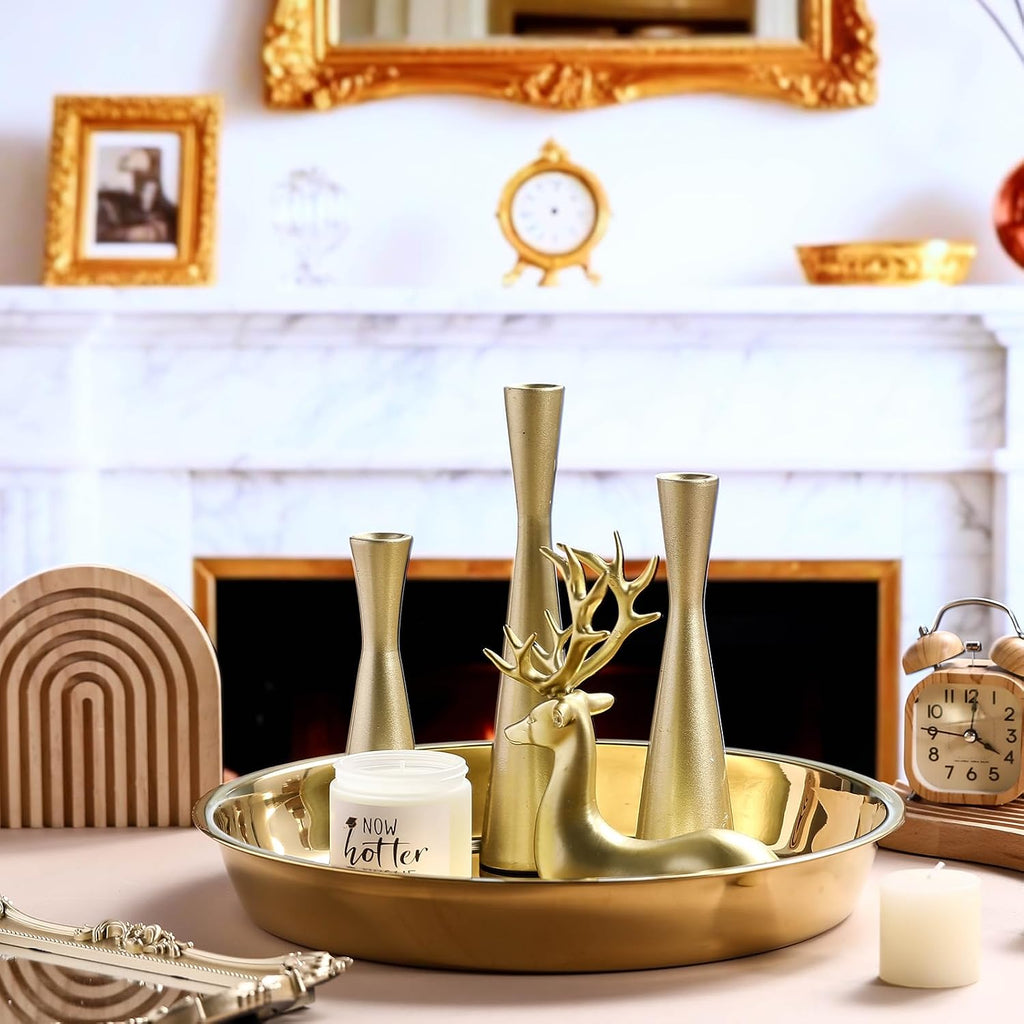 Thenshop 3 Pcs 15 Inch Gold Round Serving Tray Stainless Steel Circle Decorative Vanity Gold Plate Metal Jewelry Makeup Organizer Dishes for Gift Wedding Coffee Table Bathroom Dessert Christmas