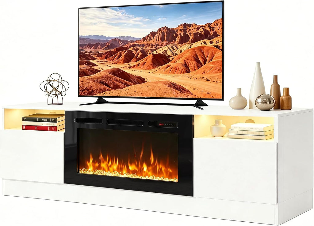MXV Fireplace TV Stand with 36'' Electric Fireplace Up to 90" TVs, LED Light Entertainment Center, Modern Wood Texture Entertainment Stand with Highlight Storage Cabinet, White-Black1