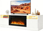 MXV Fireplace TV Stand with 36'' Electric Fireplace Up to 90" TVs, LED Light Entertainment Center, Modern Wood Texture Entertainment Stand with Highlight Storage Cabinet, White-Black1