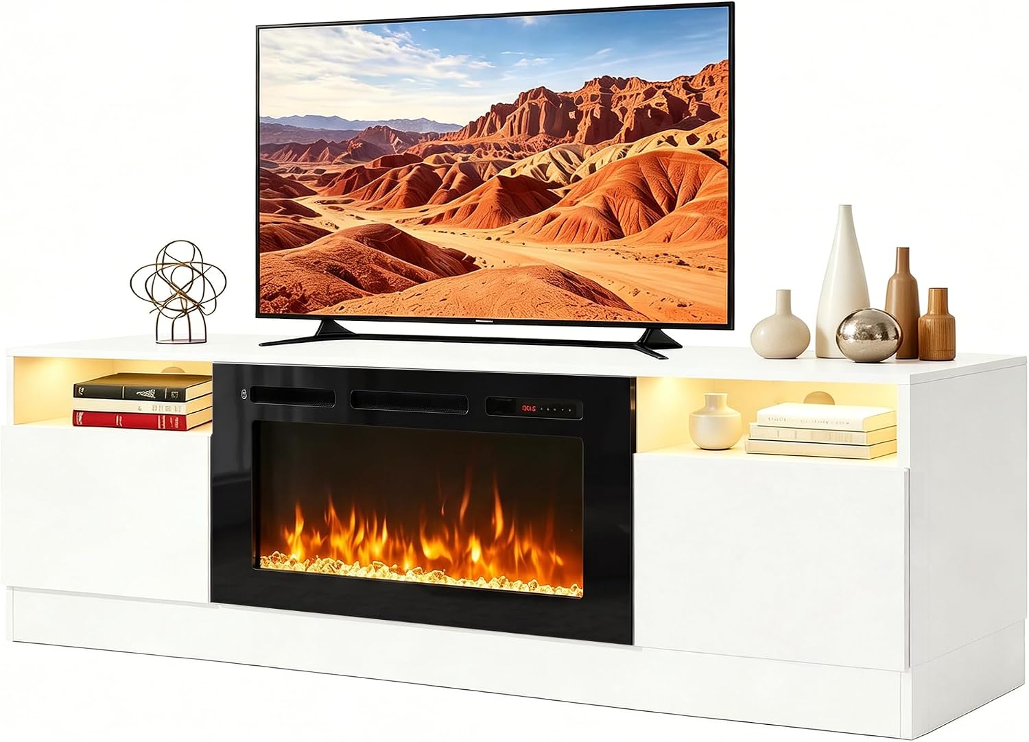 MXV Fireplace TV Stand with 36'' Electric Fireplace Up to 90" TVs, LED Light Entertainment Center, Modern Wood Texture Entertainment Stand with Highlight Storage Cabinet, White-Black1