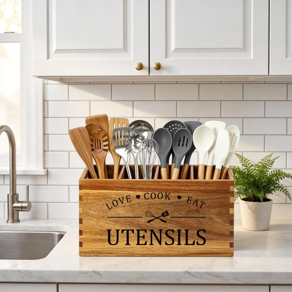 Acacia Wood Kitchen Utensil Holder Countertop Large Cooking Spoon Organizer | Farmhouse Wooden Spatula Holder for Party Counter Utensils Caddy Rustic Kitchen Accessories Decor Extra Large Utensil Crock
